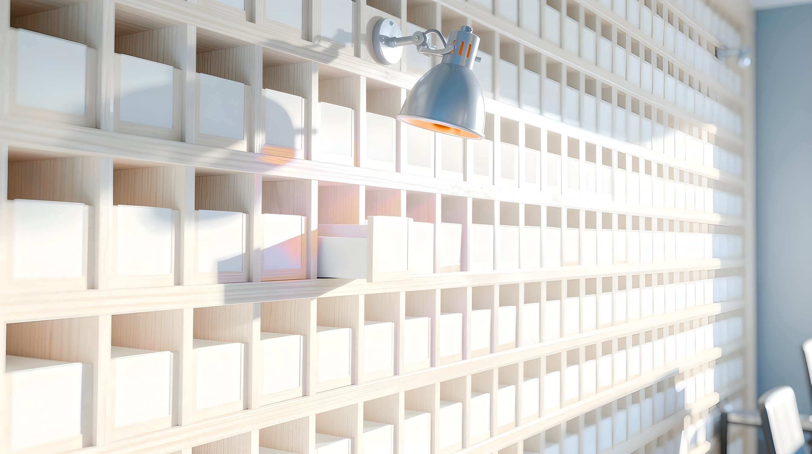 Illustration: a wall of small wooden pigeonhole slots each holding a blank index card, one card pulled halfway out in soft magenta light.