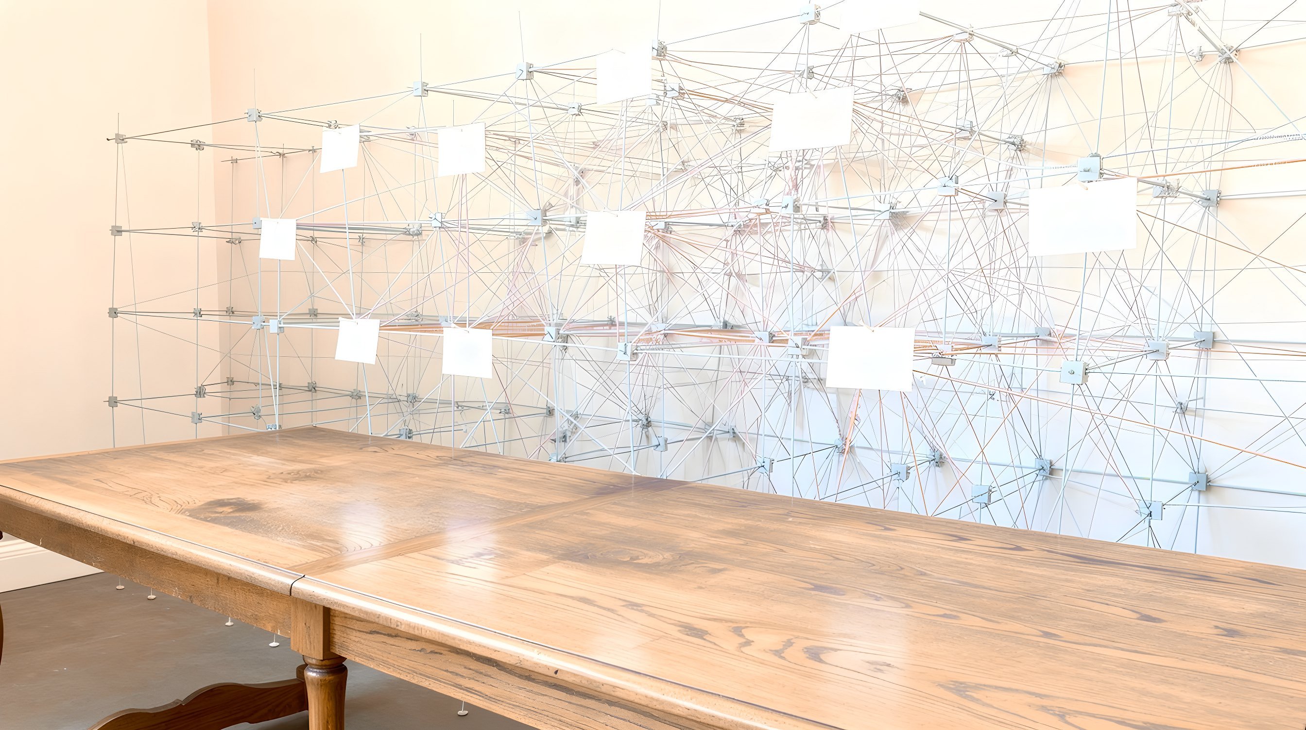 Illustration: a long wooden table in front of a wall of pins and fine thread stretched in a web, blank cards pinned at the junctions.