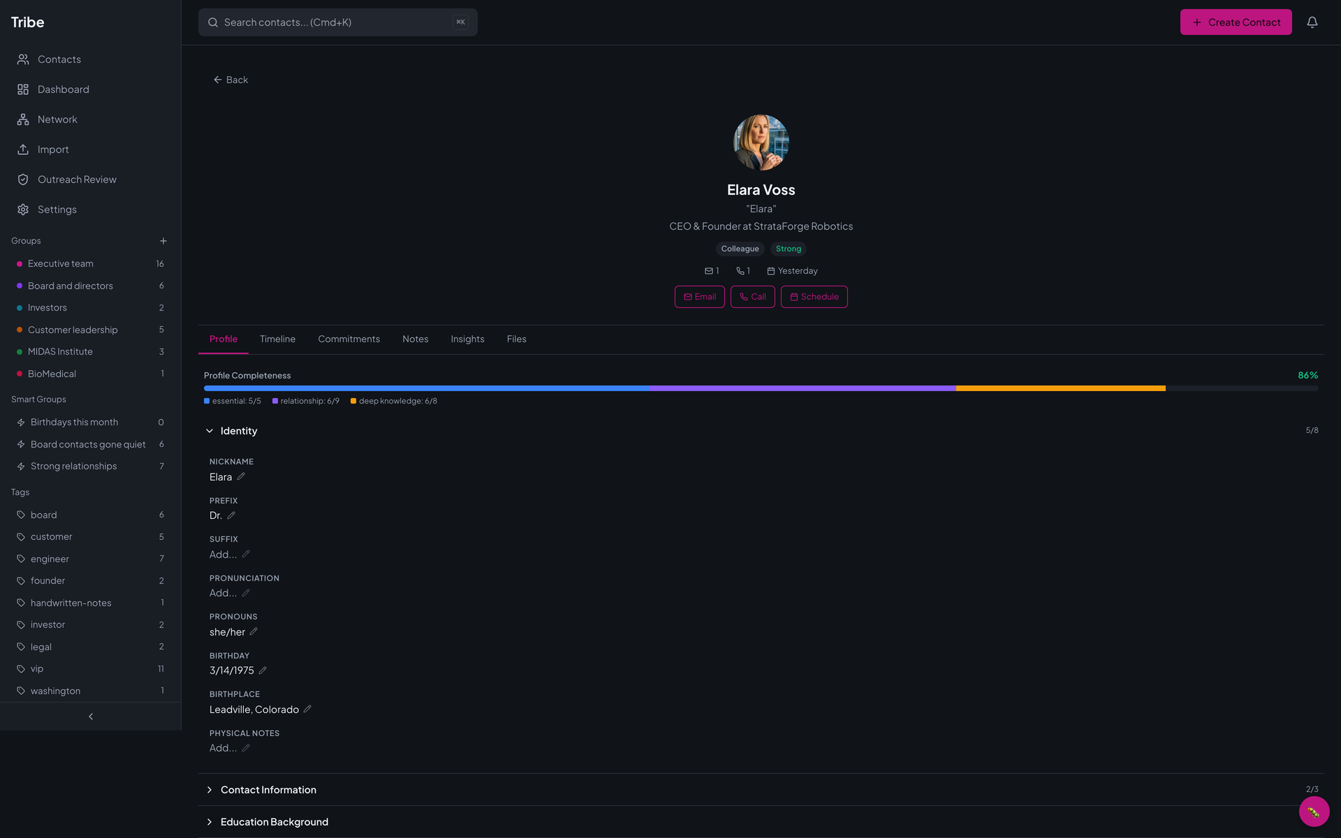 Tribe's profile for Elara Voss, CEO and Founder of the fictional StrataForge Robotics: a portrait, her title, Colleague and Strong badges, Email, Call, and Schedule buttons, tabs for Profile, Timeline, Commitments, Notes, Insights, and Files, an 86 percent completeness bar in three colors, and the Identity category open with nickname, prefix, pronouns, birthday, and birthplace.