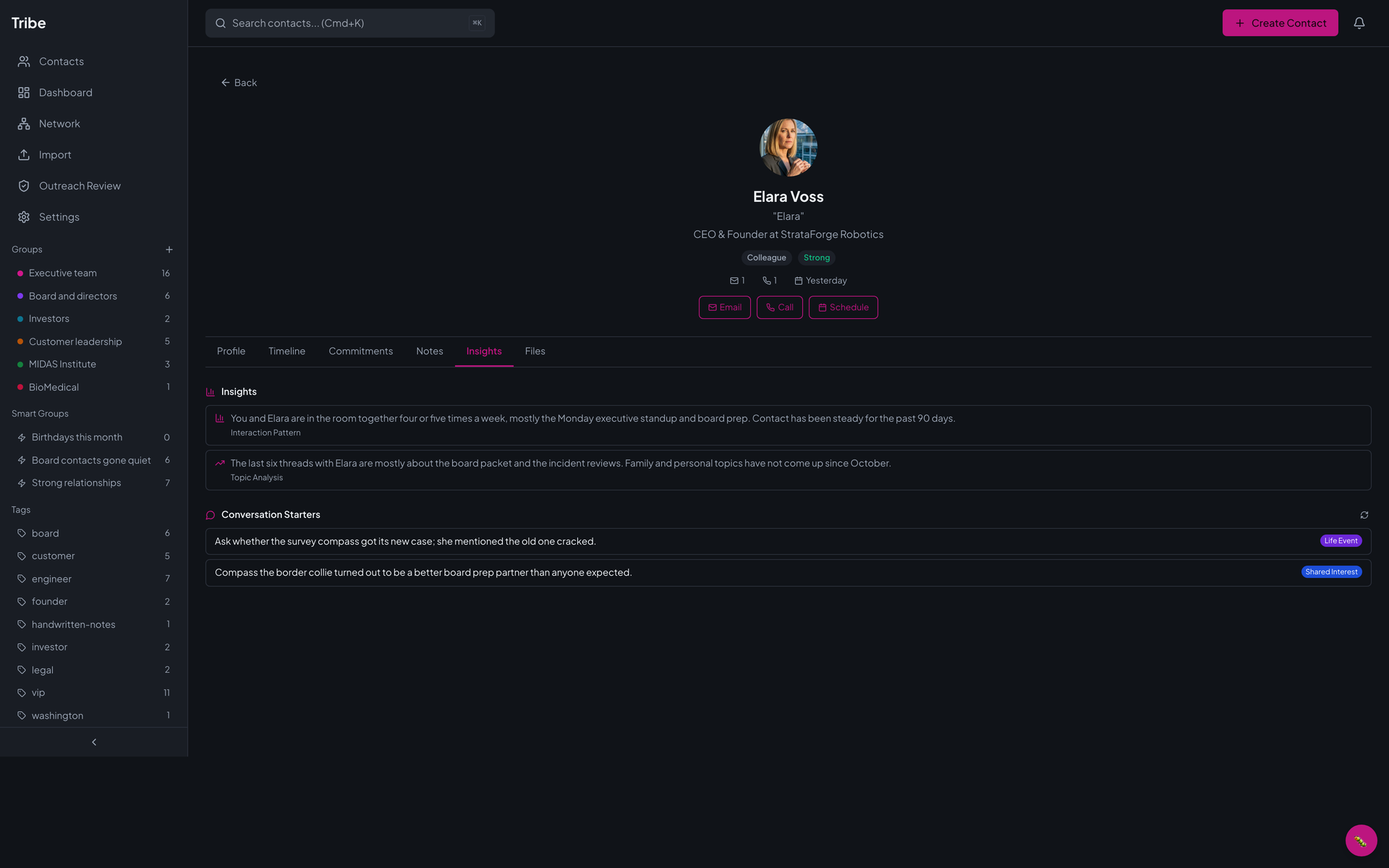 The Insights tab on Elara Voss's profile with two insights, an interaction pattern and a topic analysis, and two conversation starters labeled Life Event and Shared Interest, beside a refresh button.