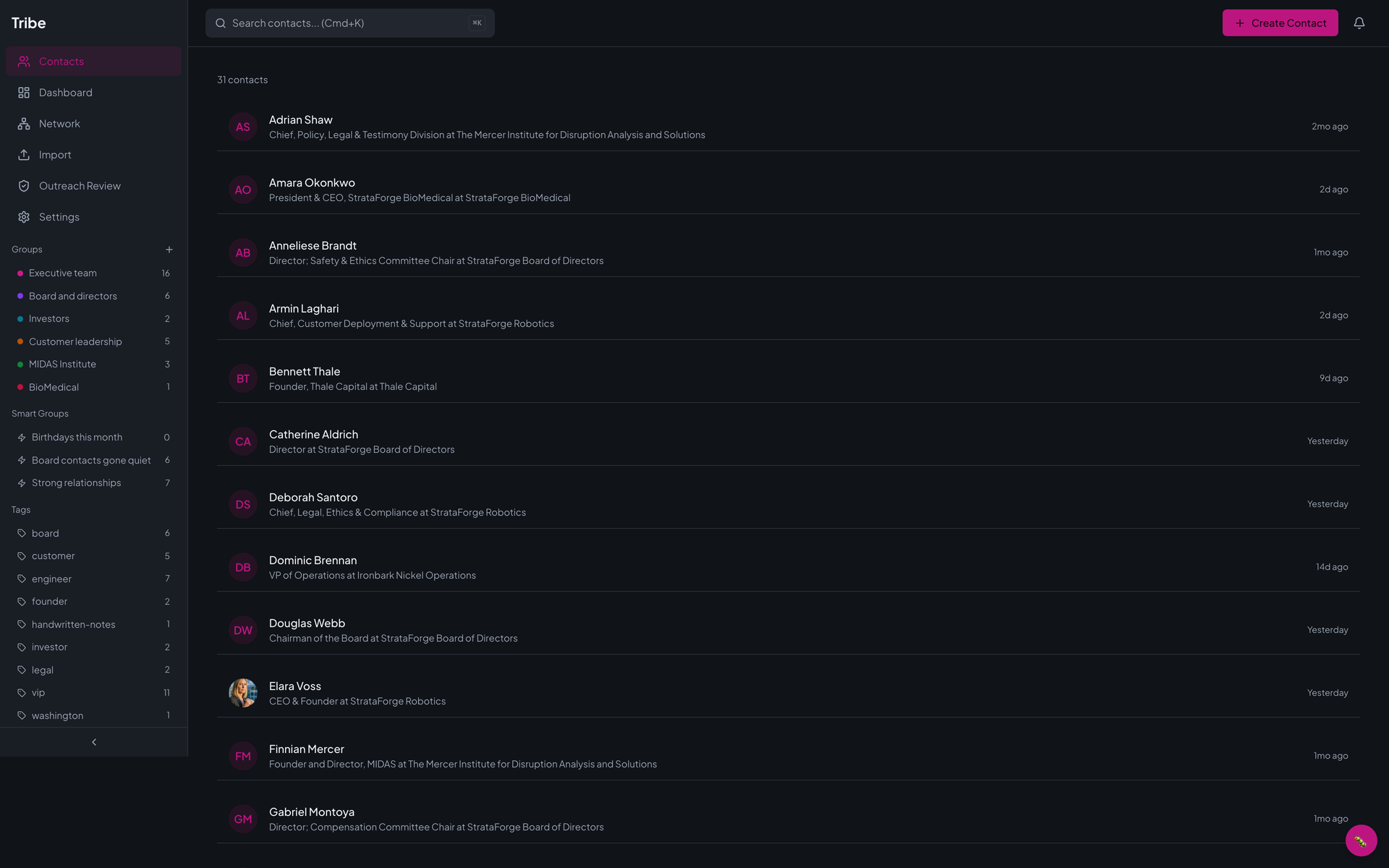 Tribe's contact list for Daniel Xu, Chief of Staff at StrataForge Robotics: 31 contacts in alphabetical order with initials or a photo, title and company, and when you last had contact, beside a sidebar of groups, smart groups, and tags.