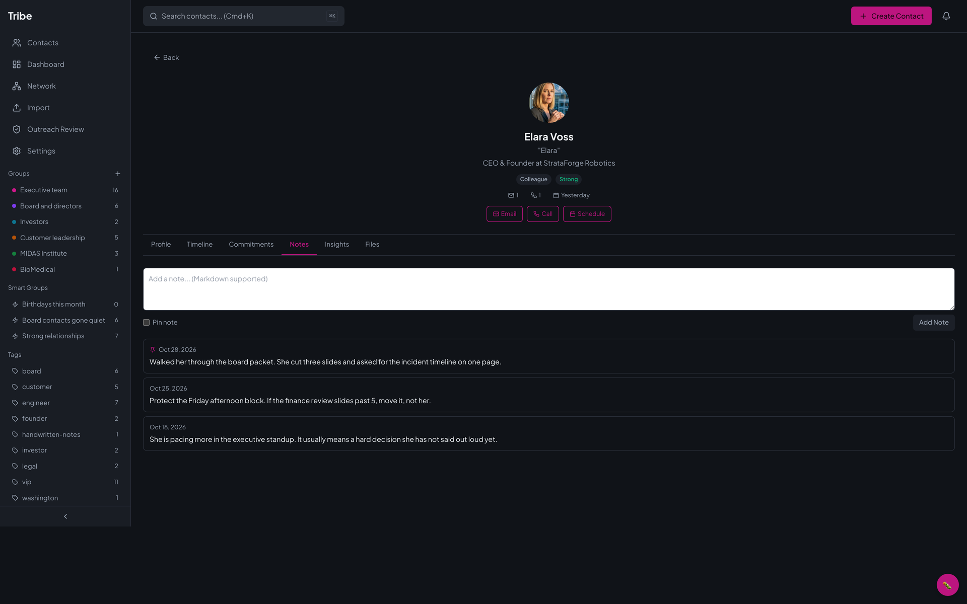 The Notes tab on Elara Voss's profile: a note box with a Pin note checkbox and an Add Note button, then three dated notes, the pinned one first.