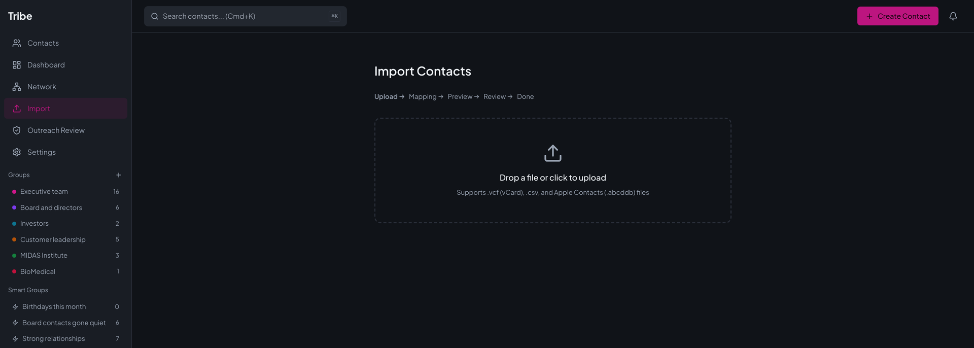 Tribe's Import Contacts page with a drop zone that accepts vCard, CSV, and Apple Contacts files, and a row of steps: Upload, Mapping, Preview, Review, and Done.