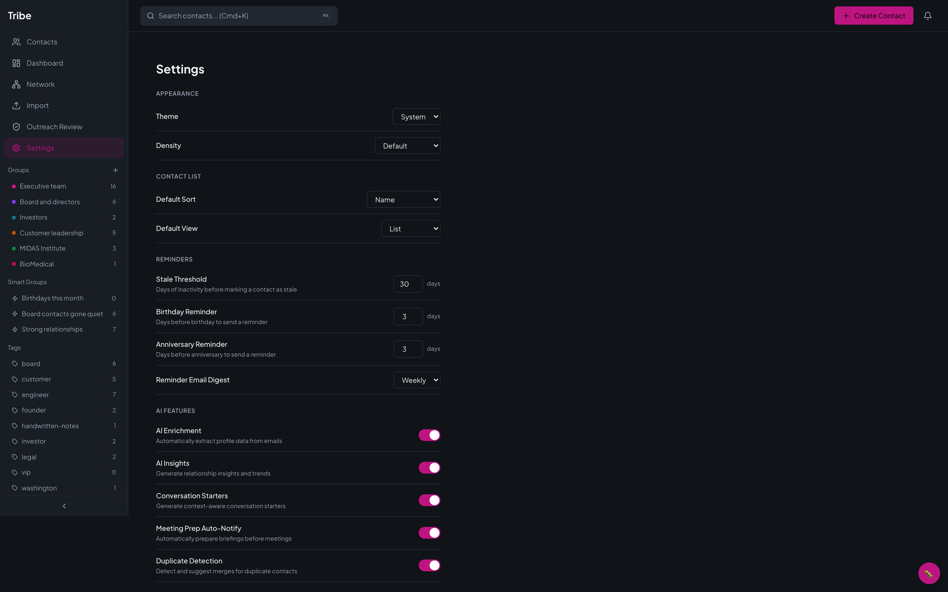 Tribe's Settings page with theme and density, contact list defaults, reminder timing in days, and switches for the AI features.